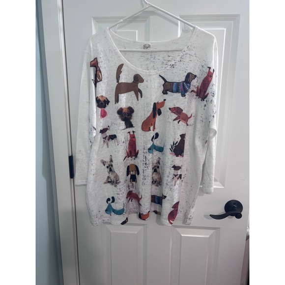 Et'Lois Tops - Et'Lois Womens 2X Dog Print Burnout Knit Top 3/4 Sleeve White Whimsical Tunic